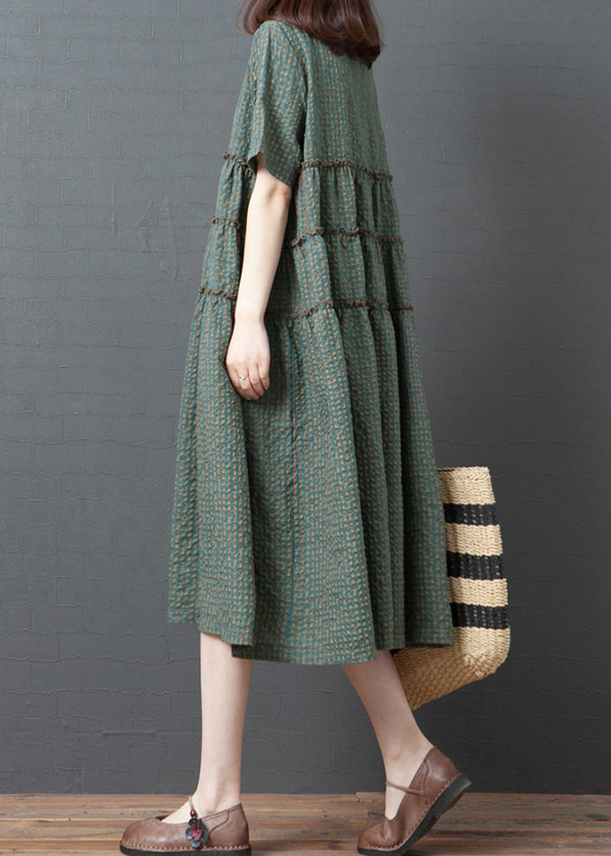 Green Plaid O-neck Wrinkled Patchwork Linen Party Dress Short Sleeve
