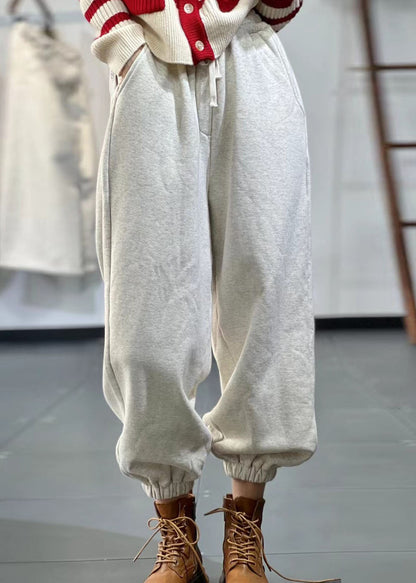 Beige Pockets Elastic Waist Warm Fleece Sport Pants Fall
