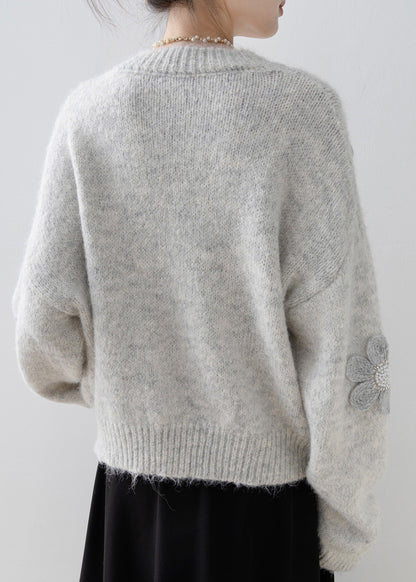 Boutique Grey O Neck Nail Bead Knit Sweater Tops Spring
