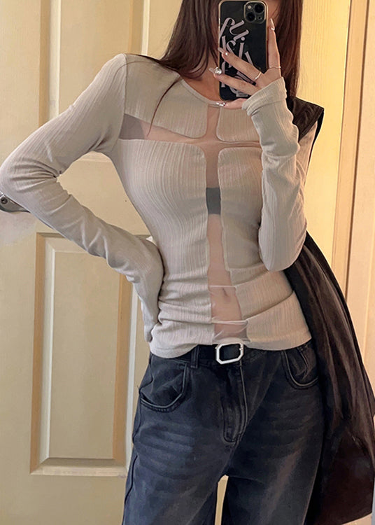 French Cross Hollow Out Slim Fit Tulle Top Fall