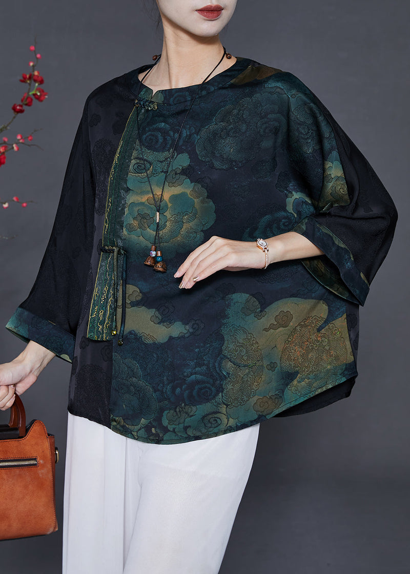 Black Tasseled Patchwork Silk Shirts Bracelet Sleeve