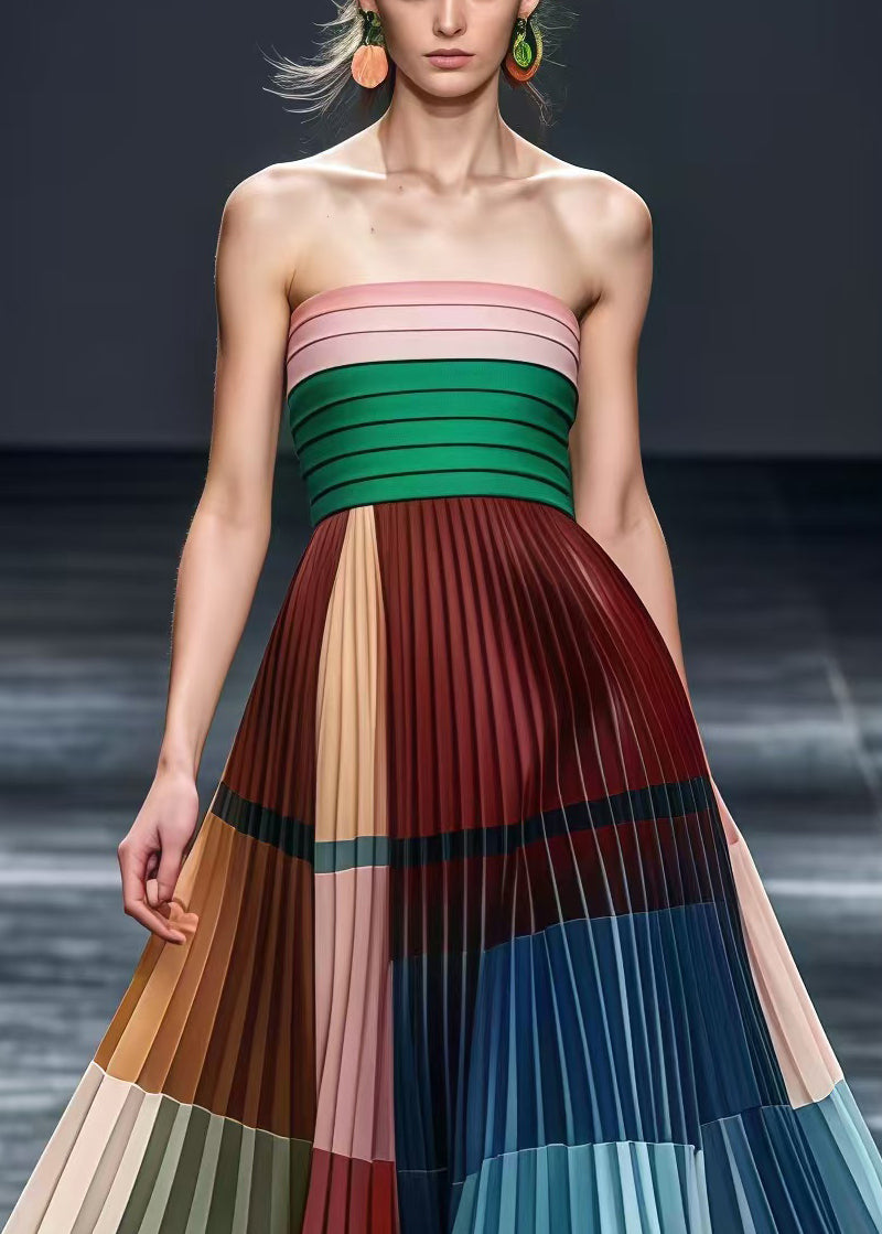 Original Design Multicolor Patchwork Wrinkled Chiffon Strapless Dresses