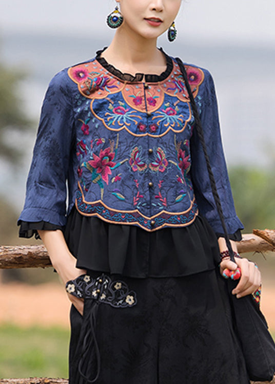 Light Blue O-neck Button Chiffon Top Long Sleeve