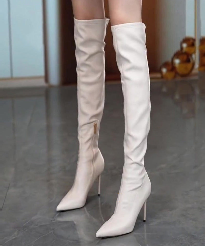 Black Zippered Splicing Stiletto Knee Boots