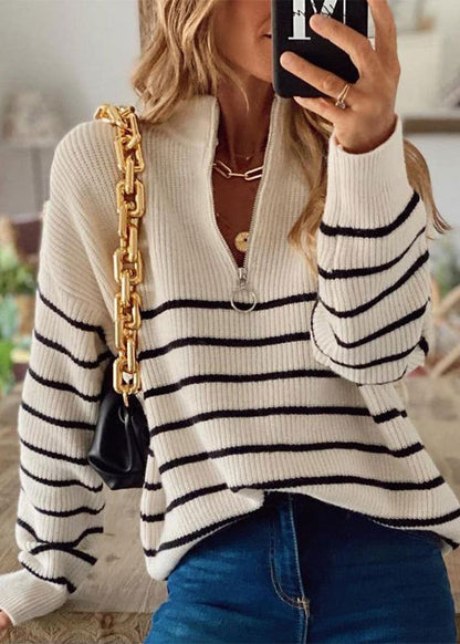 Beige Zip Up Striped Knit Short Sweater Fall