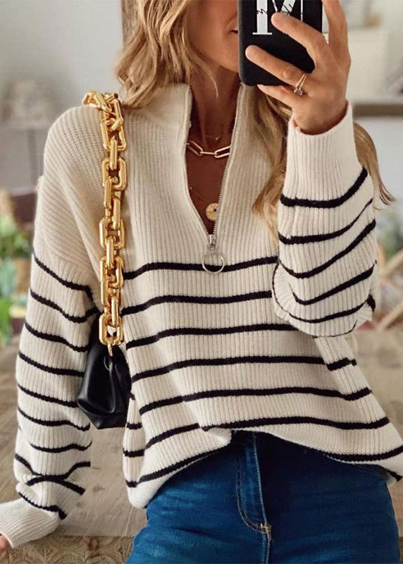 Beige Zip Up Striped Knit Short Sweater Fall
