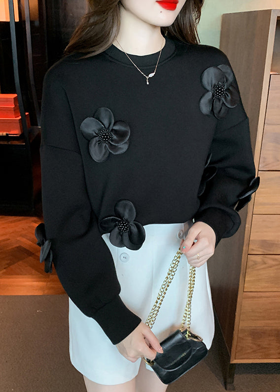 Black O Neck Patchwork Cotton Sweatshirt Fall