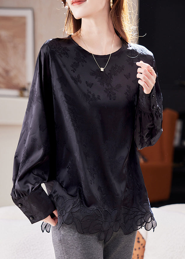 Handmade Black O-neck Embroidered Top Lantern Sleeve