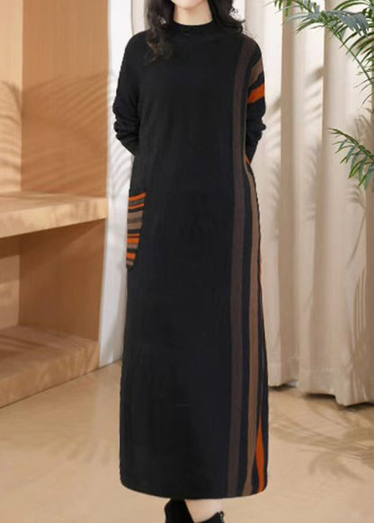 Black O-neck Striped Patchwork Thick Cotton Knit Long Dress Winter