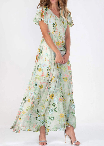 Green V Neck Print Chiffon Long Dresses Summer