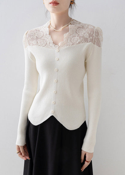 Apricot V Neck Lace Patchwork Knit Sweater Spring