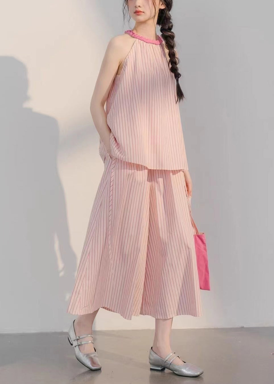 Pink Striped Tops and Crop Pants Cotton Two Pieces Set Sleeveless