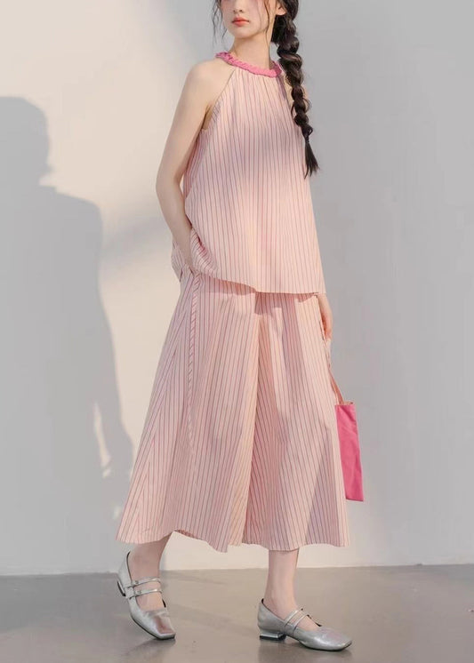 Pink Striped Tops and Crop Pants Cotton Two Pieces Set Sleeveless
