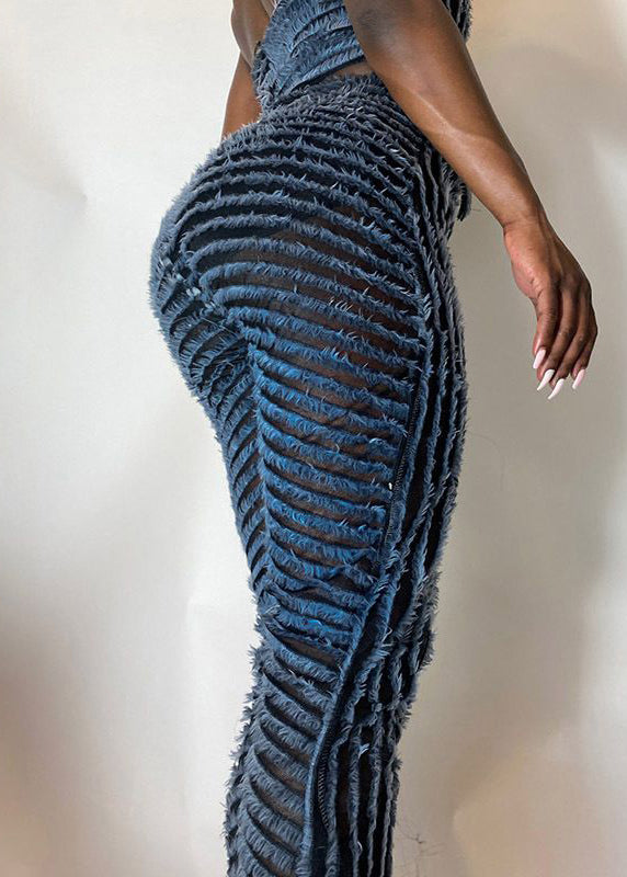 Blue Striped Fluffy High Waist Knit Flared Trousers Spring