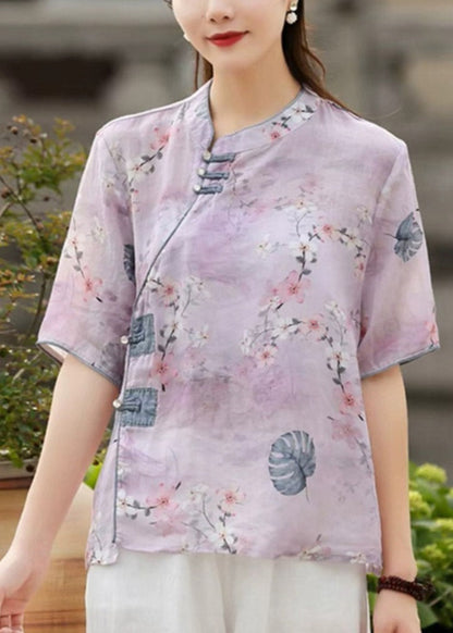 Light Purple Stand Collar Print Button Linen Blouse Top Short Sleeve