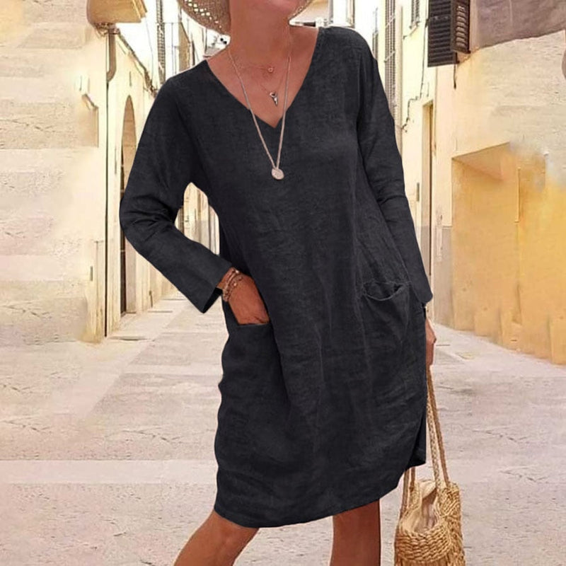 Pure Color Cotton and Linen V-neck Dress