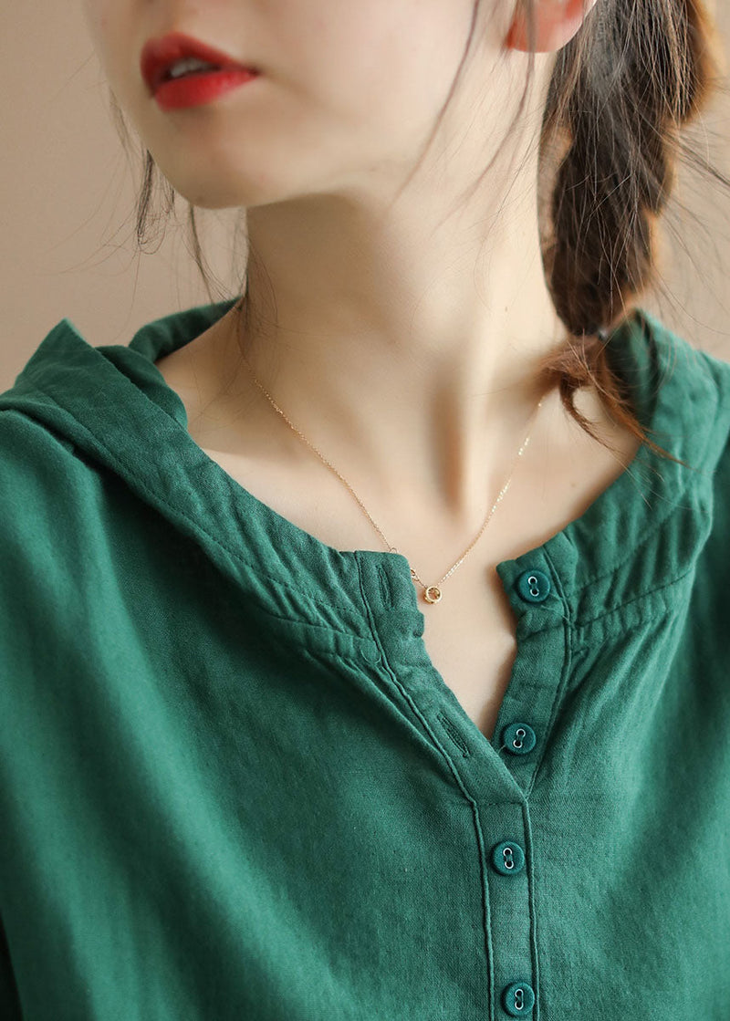 Green Button Patchwork Cotton Top Long Sleeve