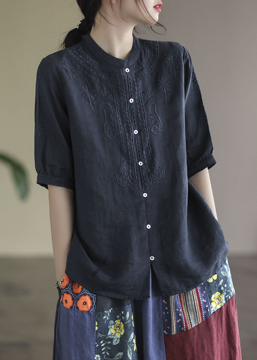 Navy Cotton Shirts Stand Collar Embroidered Half Sleeve