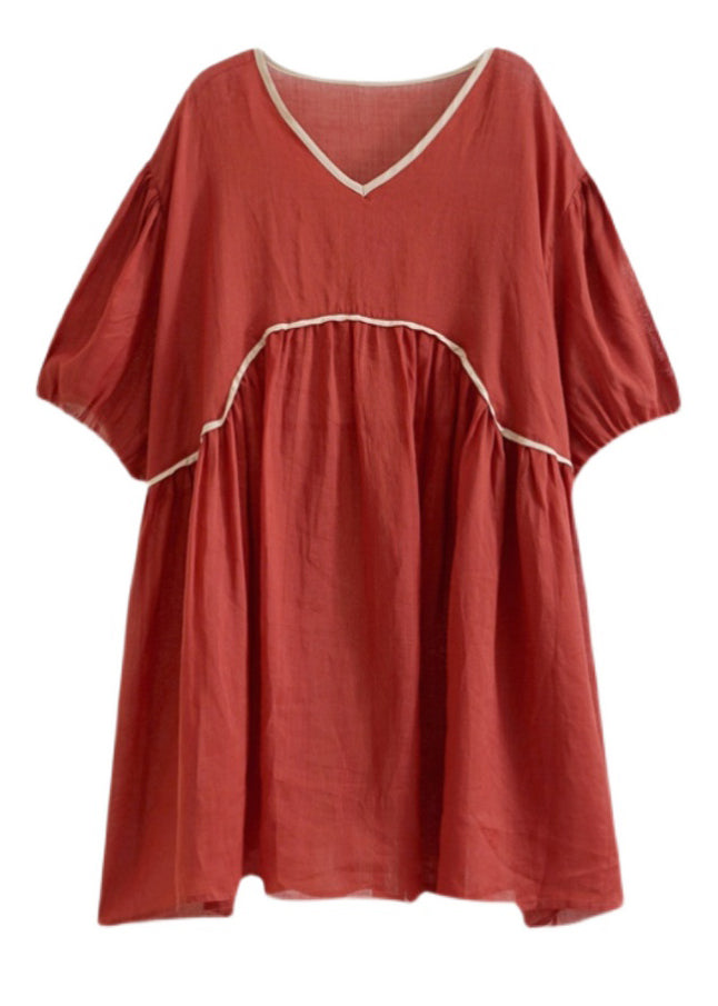 Red Wrinkled Patchwork Mid Dress Summer