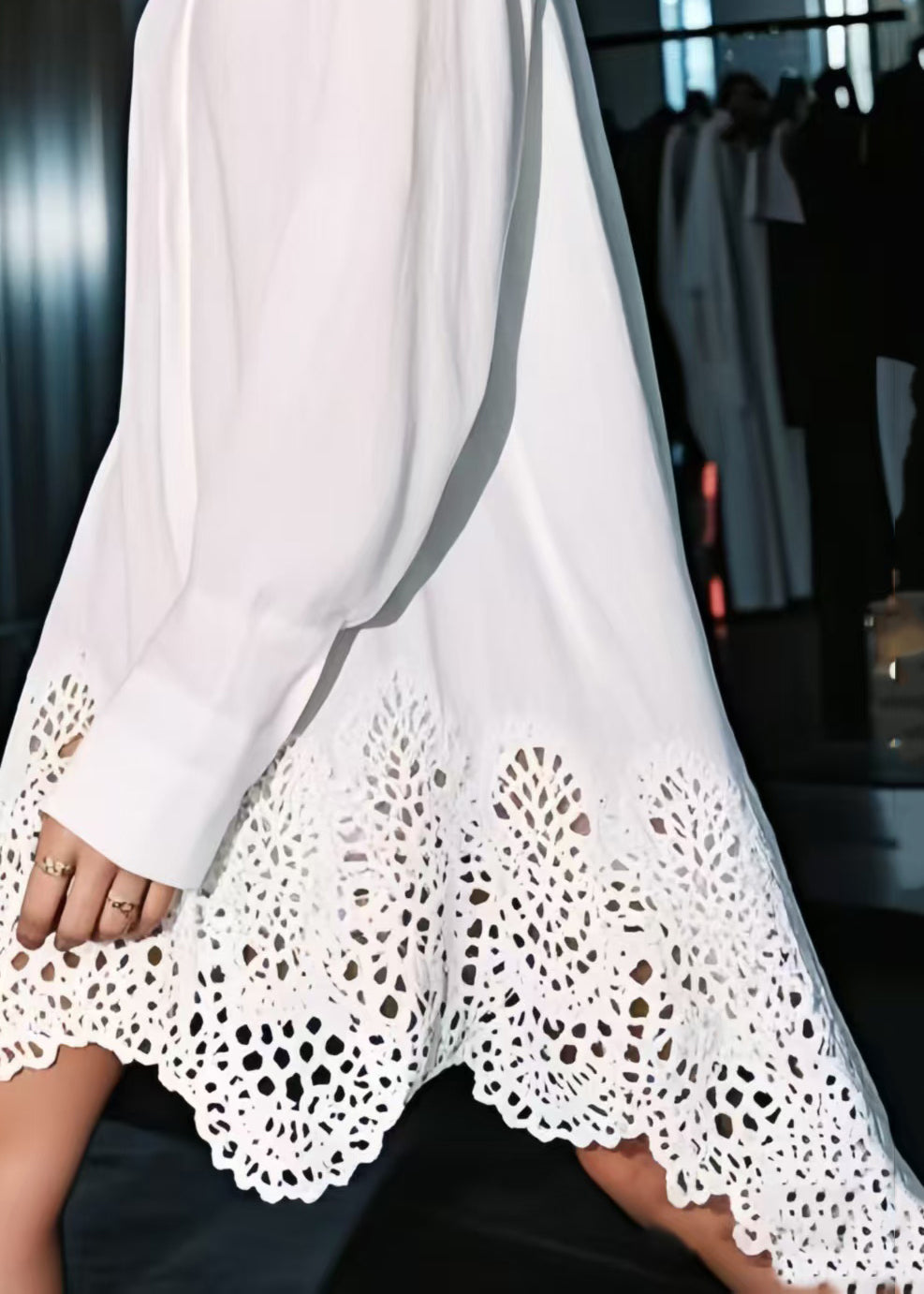 White Oversized Hollow Out Cotton Shirt Dresses Spring