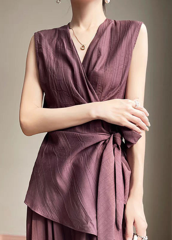Purple Asymmetrical Lace Up Cotton Shirt Summer
