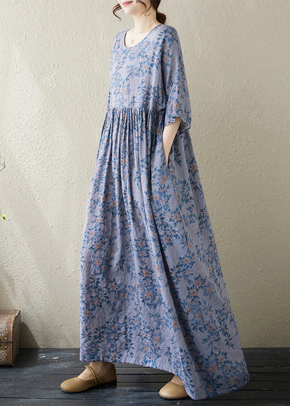 Handmade Blue O Neck Print Cotton Dress Summer