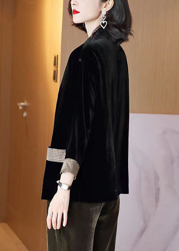 Loose Black V-neck Pockets Patchwork Silk Velour Cardigans Bracelet Sleeve