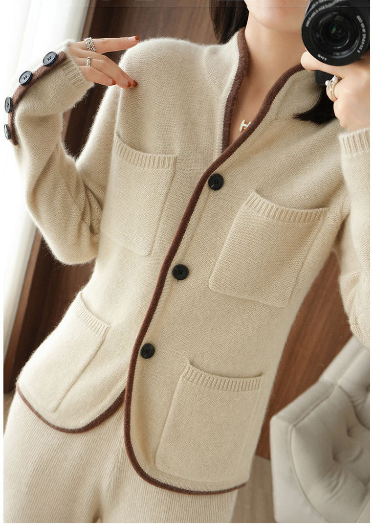 Beige Stand Collar Pockets Thick Knit Loose Cardigan Winter