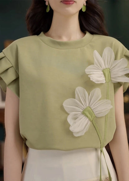 Green Patchwork Cotton Summer T Shirt O Neck