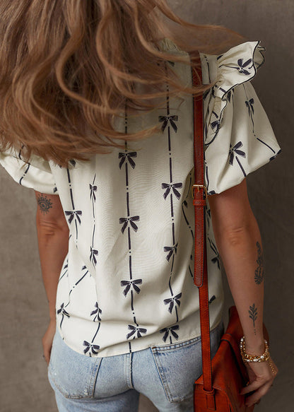 Beige Ruffled Puff Sleeve Print Chiffon Shirt Tops