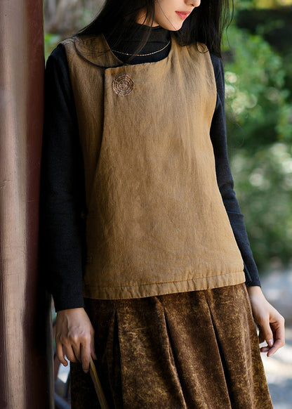 Yellow O Neck Fine Cotton Filled Linen Vest Sleeveless
