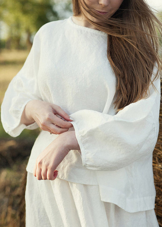 White O Neck Linen Shirt Tops Lantern Sleeve