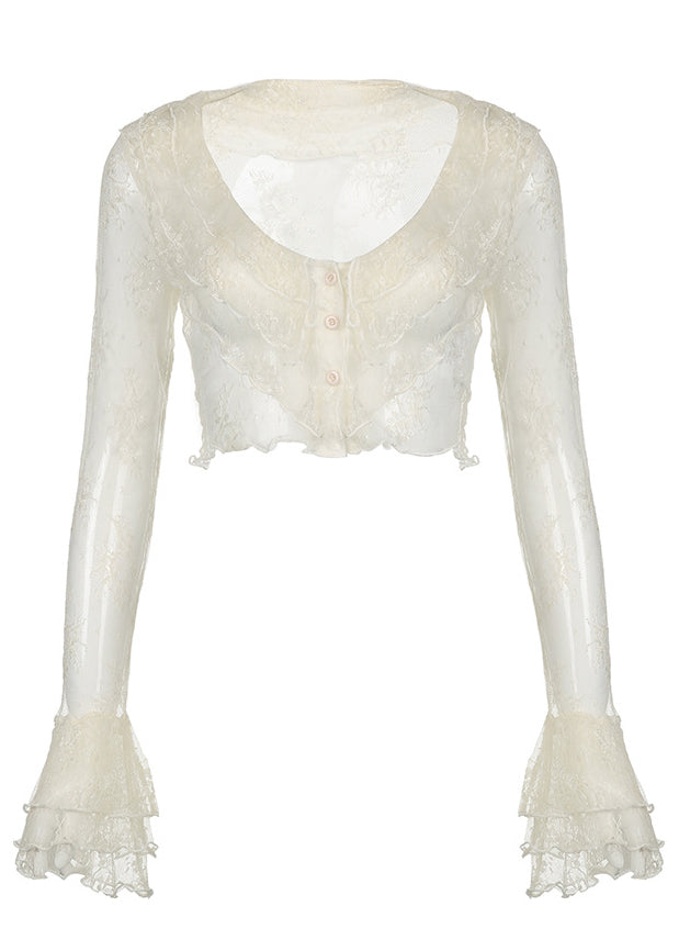 Beige Ruffled Lace Shirt Flare Sleeve