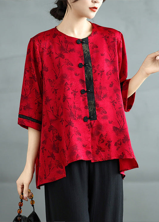 Red Oversized Print Silk Oriental Tops Summer
