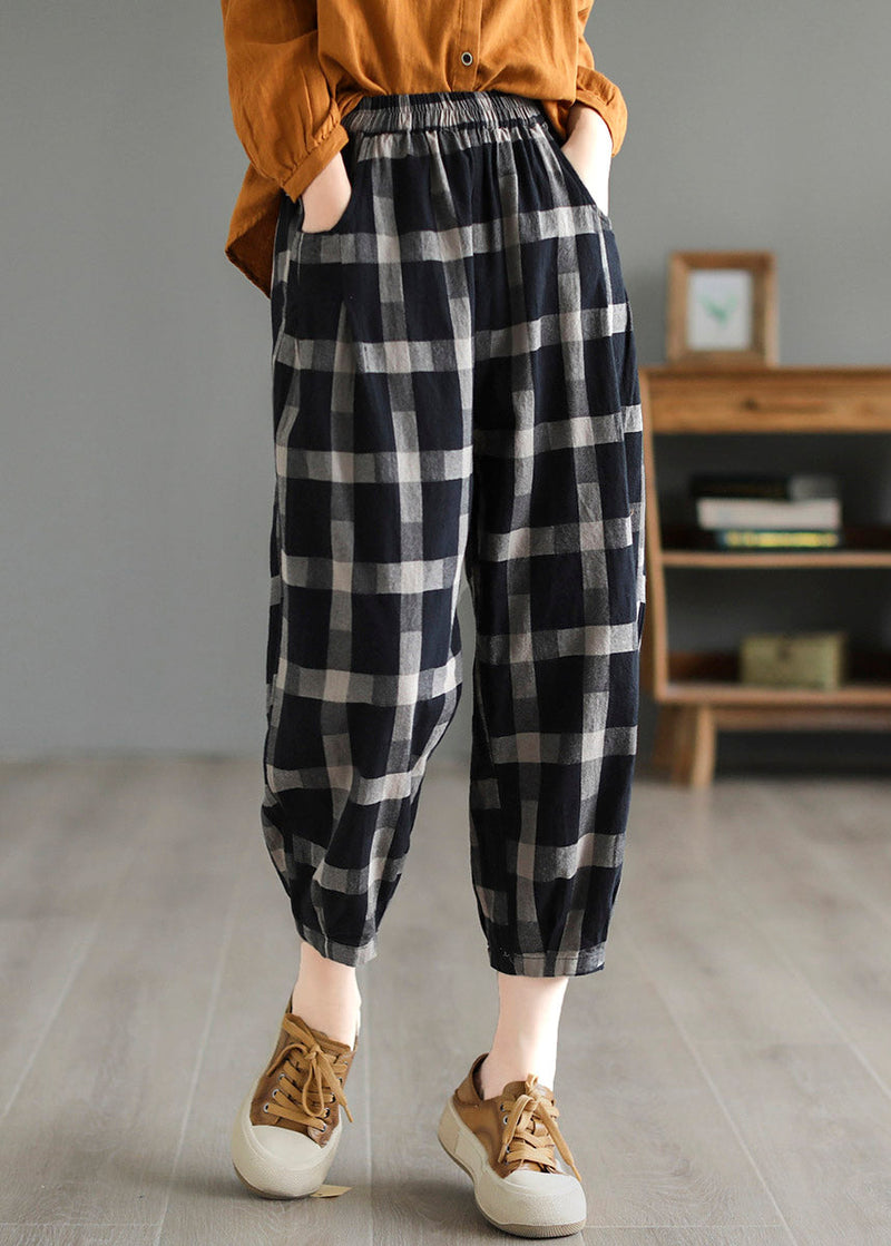 Black Plaid High Waist Linen Crop Pants