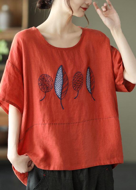 French Red Summer O-neck Embroidered Linen Half Sleeve T Shirt