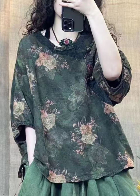 Red O Neck Print Oriental Button Linen Shirts Bracelet Sleeve