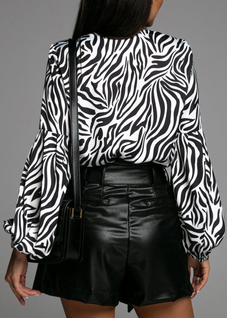 Stylish White Zebra Pattern Lace Up Cotton Shirt Spring