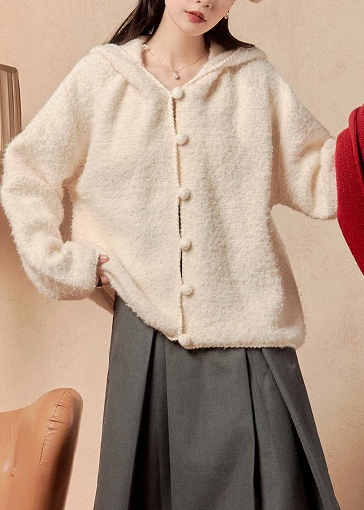 Beige Hooded Button Knit Coats Winter