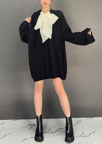 Black O Neck Hollow Out Knit Dress Fall