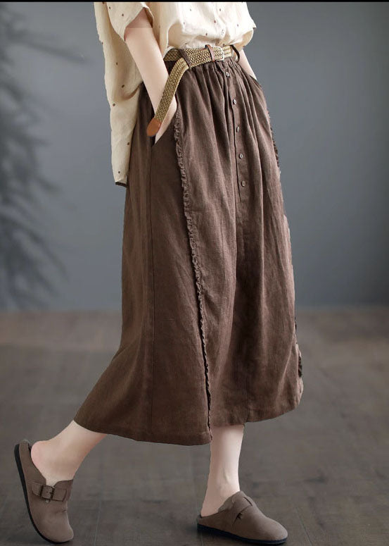 Coffee Ruffled Pockets Patchwork Linen Skirts Summer