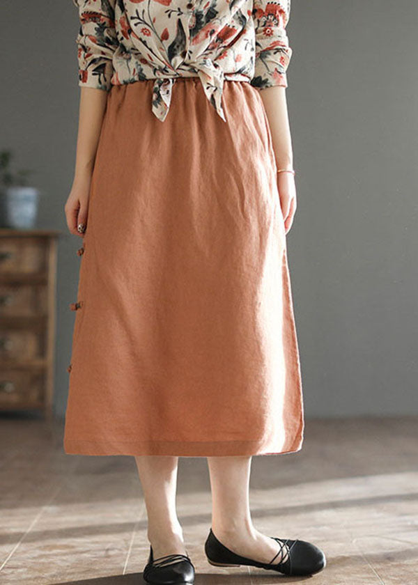 Orange Oriental Elastic Waist Pocket Linen a Line Skirts Summer