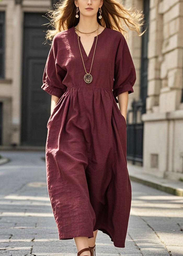 Mulberry V Neck Pockets Cotton Dresses Summer