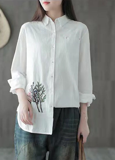 Organic White Peter Pan Collar Embroidered Cotton Shirt Top Long Sleeve