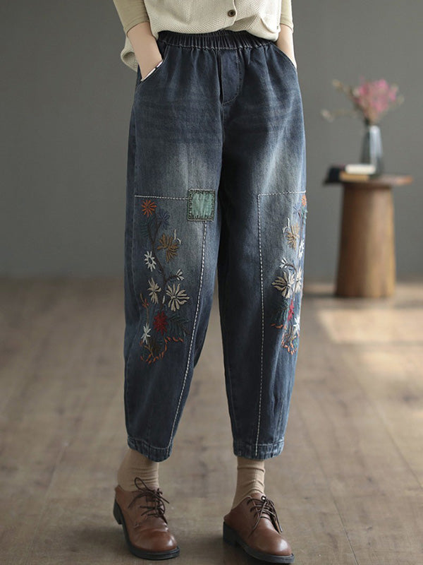 Loose Embroidered Elasticity Harem Denim Pants