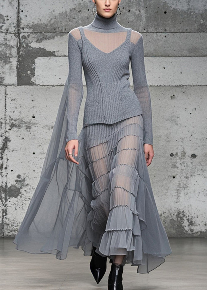 Grey High Neck Patchwork Exra Large Hem Knit Long Dress Fall