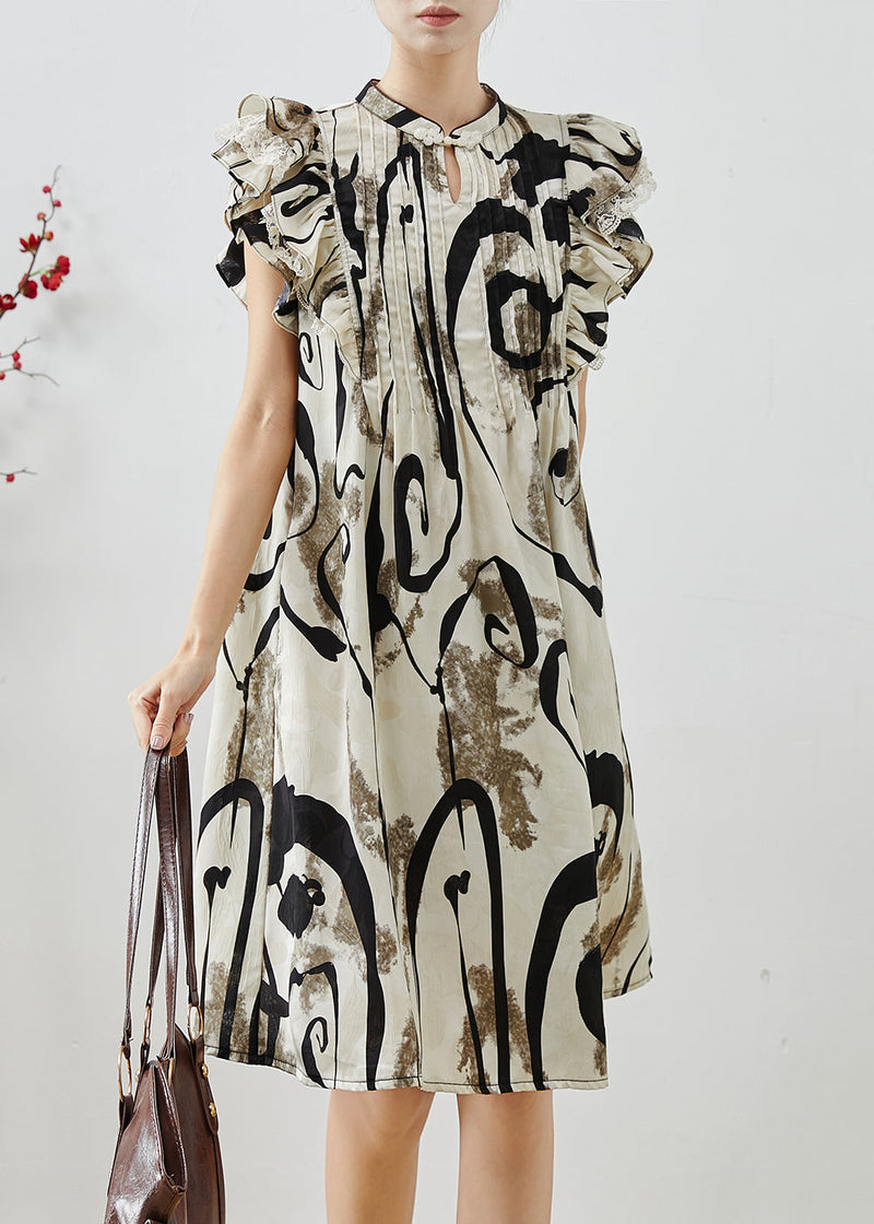 Print Wrinkled Chiffon Mid Dress Butterfly Sleeve
