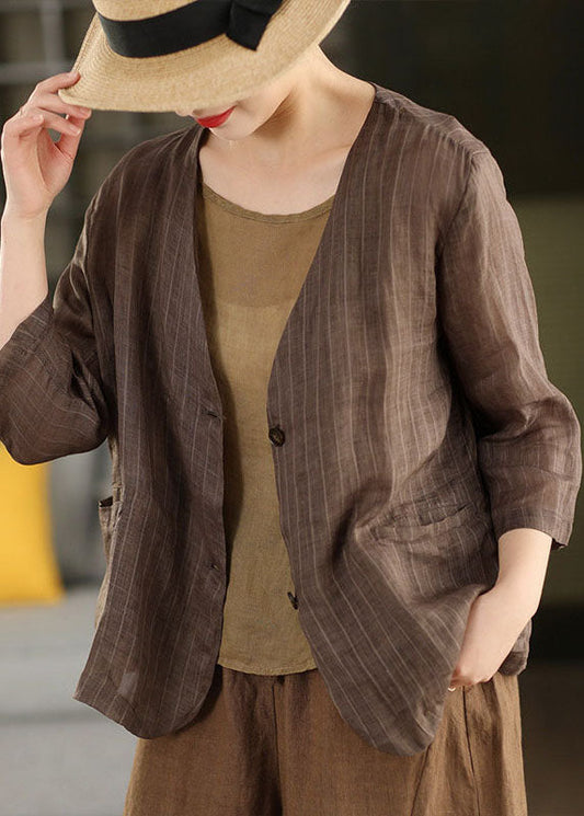 Coffee V Neck Pockets Striped Linen Jacket Summer