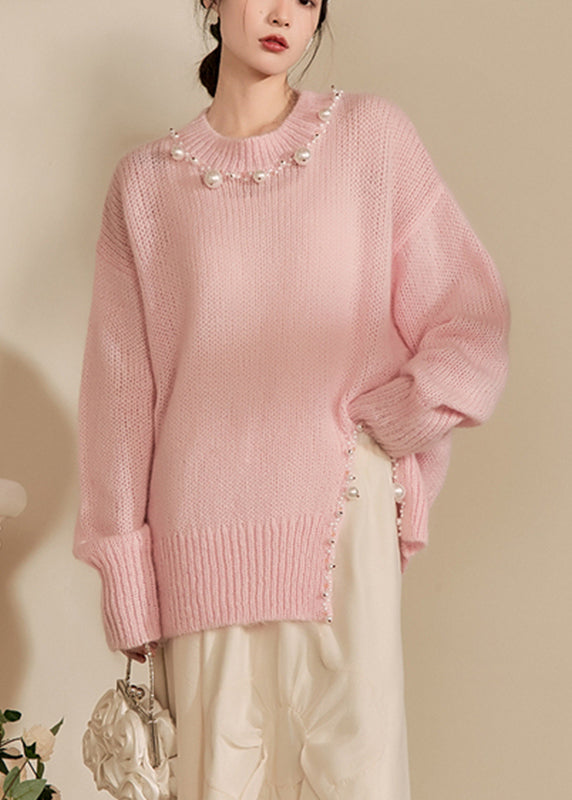 Pink O-neck Nail Bead Thick Cotton Knit Sweaters Winter