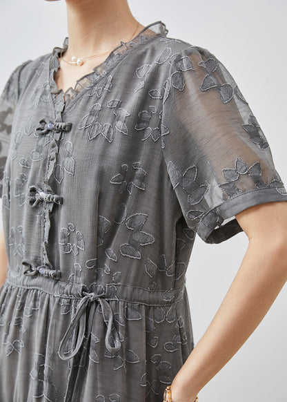 Grey Cinched Jacquard Chiffon Dress Summer